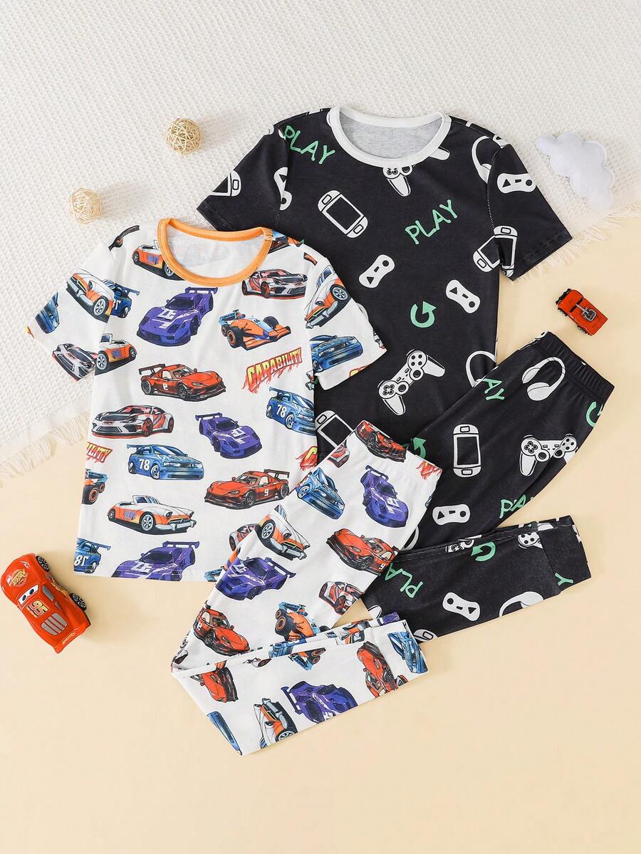 SHEIN 4pcs/Set Boys' Casual Minimalist Car, Soccer, Game Controller Cartoon Print Short Sleeve T-Shirt And Leggings Pajama Set, Suitable For Spring/Summer - White - View 1