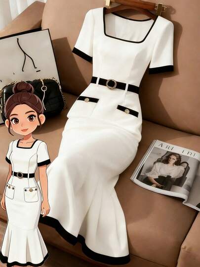 GlowEve CURVE Elegant Black & White Contrast Color Waist Cinched Short Sleeve Plus Size Women's Mermaid Dress, Spring/Summer