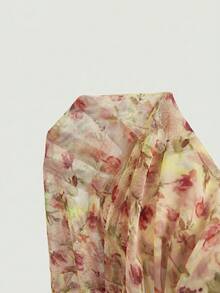 SHEIN MOD 女士复古印花打结胸前褶皱圆领无袖连衣裙，适合夏季穿着 - 淡黃色 - 查看 9