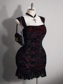 ICON Vestido ajustado con cuello cuadrado, estilo gótico oscuro Y2K, de malla y fruncido para mujeres de talla grande - Burdeos - Ver 4
