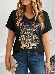 Women's Plus Size Skull Print V-Neck Short Sleeve Casual T-Shirt Zumba T Shirt Graphic Tops Cartoon T Shirt Women T Shirt Women Graphic Tee Shirts For Women - Multicolor - View 1