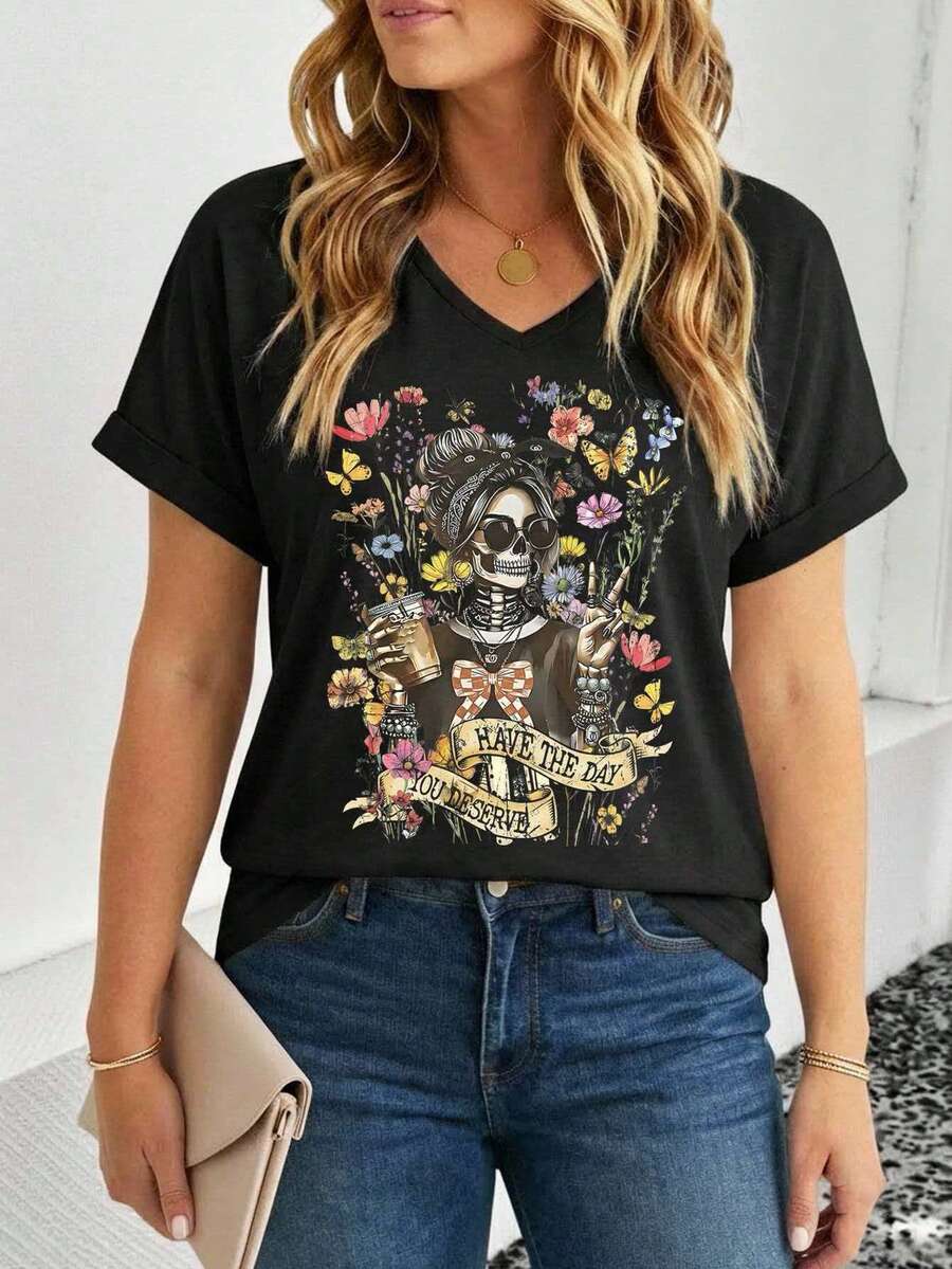 Women's Plus Size Skull Print V-Neck Short Sleeve Casual T-Shirt Zumba T Shirt Graphic Tops Cartoon T Shirt Women T Shirt Women Graphic Tee Shirts For Women - Multicolor - View 1
