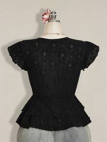 SHEIN ICON Plus Size Women's V-Neck Ruffle Trim Casual T-Shirt - Black - View 3