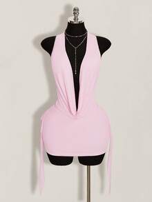 SHEIN ICON 新款欧美时尚宽松休闲罩衫性感长袖露背迷你连衣裙（女款） - 粉色 - 查看 5