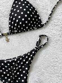 Soleia Bộ bikini gợi cảm buộc dây cổ, in chấm bi, trang trí kim loại, dành cho nữ, thích hợp mặc đi biển mùa hè. - Nhiều màu - Xem 5