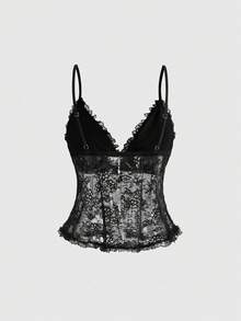ROMWE Goth 女士蕾丝金属性感哥特风吊带背心，春夏款 - 黑色 - 查看 2