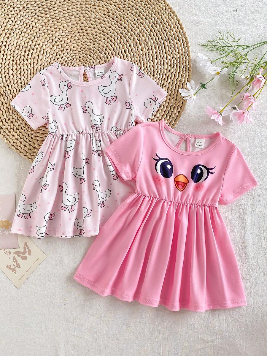 Playful Pals Baby GirlCute Duck & Chick Print Short Sleeve A-Line Dress 2-Piece Set, Suitable For Spring/Summer Outings, Photoshoots Or Daily Wear