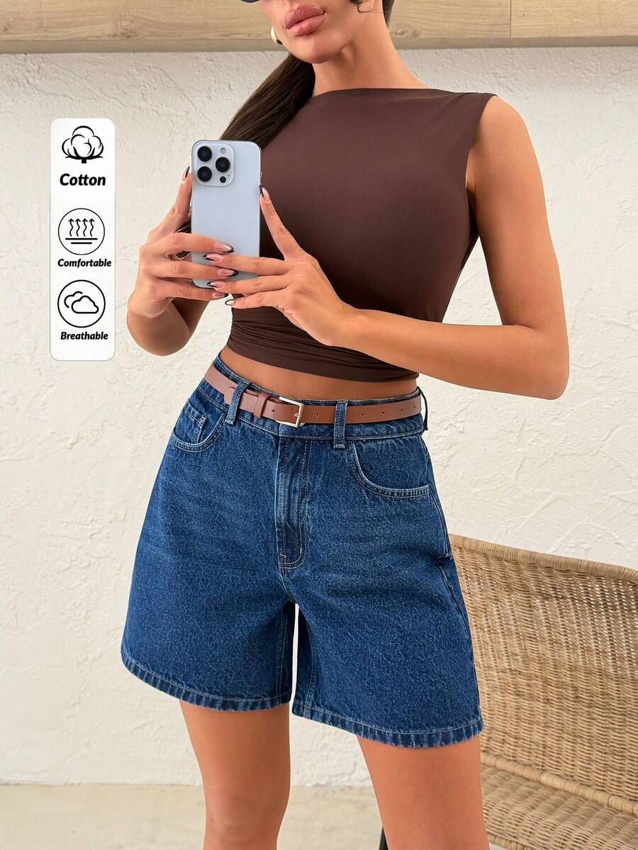 SHEIN Short de mezclilla de cintura alta 100% algodón, estilo casual, lavado azul, con cierre de botón para mujer - Azul lavado oscuro - Ver 1