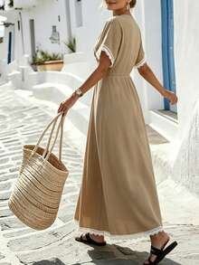 Breezaya Đầm dài thanh lịch dành cho nữ với tay áo ren và thiết kế xoắn. - Màu Khaki - Xem 2