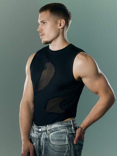 FeverCity Men's Sexy Solid Color Mesh Patchwork Bodysuit
