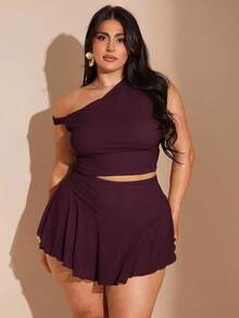 SHEIN BAE Set de 2 piezas para mujer de talla grande con top asimétrico con cuello acanalado en verde oliva y falda ajustado con volantes asimétricos, conjunto de vacaciones - Granate - Ver 2
