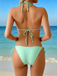 Swim Vcay Conjunto de bikini negro con decoración de sol dorado para vacaciones de verano de mujer, atuendo de playa - verde menta - Ver 2