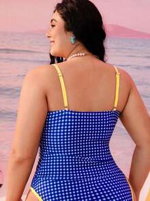 Swim Mod 2026新款大码女式几何印花休闲宽松可调节肩带泳衣上衣，款式端庄显瘦 - 藍色 - 查看 2