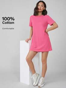 SHEIN BASICS 女款純色休閒日常派對外出短洋裝，夏季女裝，柔粉色 - 玫紅色 - 查看 5