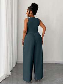 Maweii Plus Size Women 2 Pieces Set: Solid Color Cropped Vest & Wide Leg Pants - Teal Blue - View 2