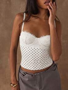 SHEIN BAE Women's Polka Dot Print Lace Patchwork Camisole Top - White - View 3