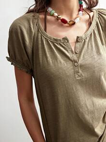 SHEIN BohoFeels 女士休闲纯色V领短袖水洗T恤 - 綠色 - 查看 5