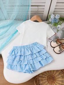 Emery Rose Kids Emery Rose Kids 两件套女童针织纯色圆领荷叶边蝴蝶结休闲T恤和梭织条纹荷叶边短裤套装 - 藍白色 - 查看 6