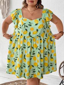 SHEIN CURVE+ 大码女式柠檬水果印花甜心领泡泡袖A字迷你连衣裙，夏季波西米亚风度假风 - 薄荷綠 - 查看 8
