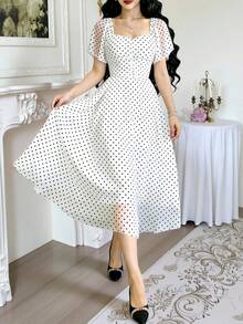 Modelyn 女款白色黑波點夏季優雅茶會雪紡洋裝，方領荷葉袖極簡中長版收腰長裙 - 彩色 - 查看 5