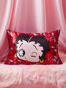 Betty Boop x SHEIN 2 件套卡通人物图案枕套，塔夫绸面料，舒适凉爽，樱花印花红色枕套，光滑不易起皱，呵护头发和肌肤，樱桃图案，礼品之选，派对、节日、情人节 - 紅色 - 查看 2