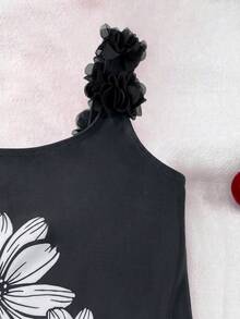 SHEIN 女童碎花印花连体泳衣，饰有3D立体花朵 - 黑與白 - 查看 5