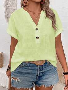 EMERY ROSE 2025 New Plus Size Women's Fashion Casual V-Neck Button Shoulder Sleeve Sea Salt Blue-Green Short Sleeve T-Shirt - Green - View 5