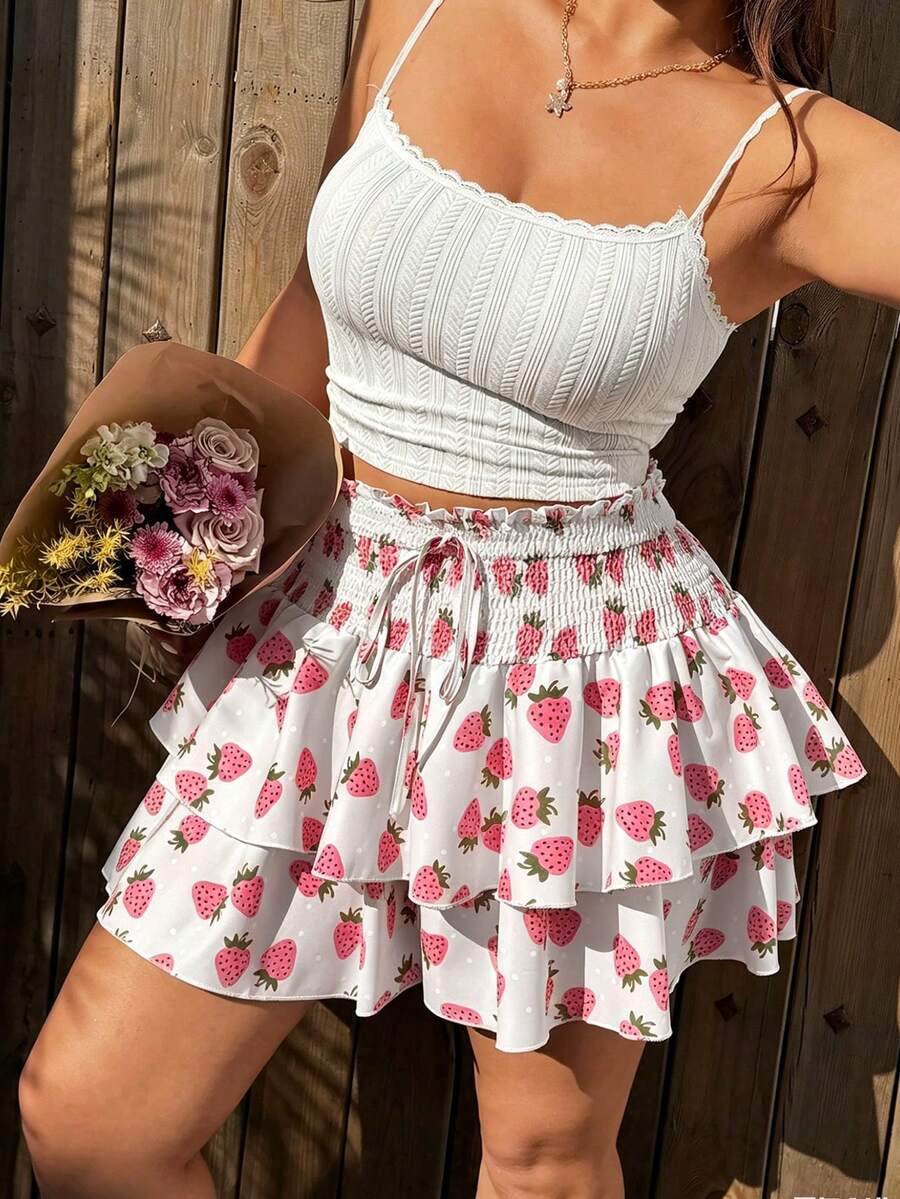 Sunnyshic Plus Size Strawberry Print Elastic Waist Double Ruffle Hem Shorts Skirt - Multicolor - View 1
