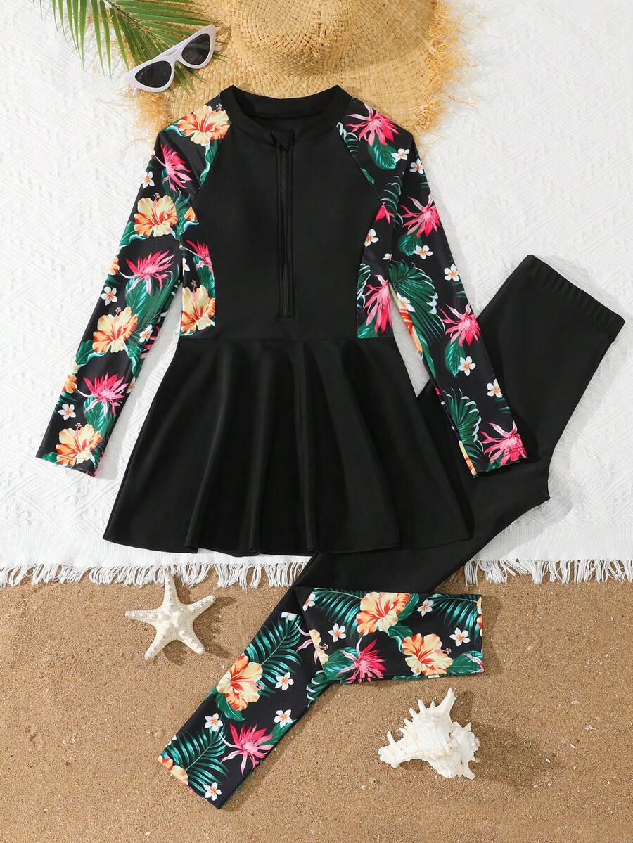 SHEIN 少女比基尼套装,可爱针织树叶印花拉链纯色平角短裤两件套泳装,时尚、端庄,适合海滩、游泳、度假、夏季、圣诞节、节日、新年、情人节等场合。少女服装套装,少女夏威夷风情套装,女童两件套,女童服装套装,女童热带风情套装,少女夏威夷风情套装,少女服装套装,女童半身裙套装,女童夏威夷风情套装,黑色女童夏威夷风情套装 - 黑色 - 查看 1