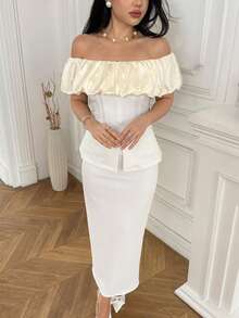 Modelyn Women's Off-Shoulder Crop Top With Slit Hem And Skirt Elegant 2 Pieces Set - Apricot - View 4