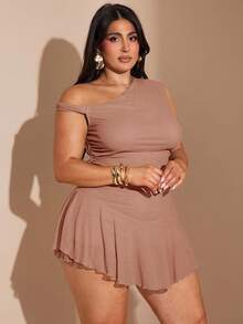 SHEIN BAE Set de 2 piezas para mujer de talla grande con top asimétrico con cuello verde oliva y volantes, y falda ajustada con volantes, conjunto para vacaciones - Rosa vieja - Ver 7