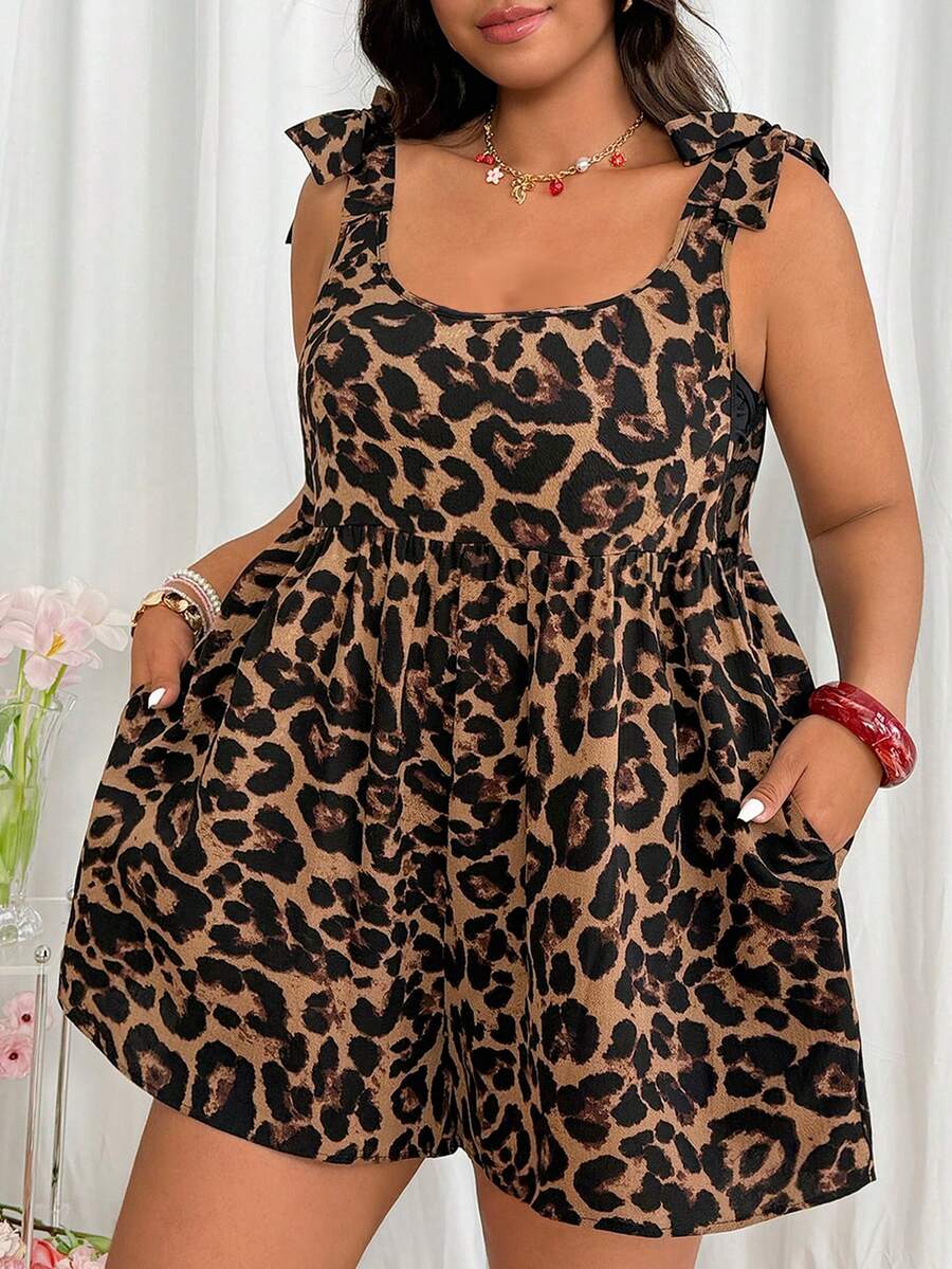 SHEIN EZwear 大码女式豹纹褶皱休闲连体衣 - 彩色 - 查看 1