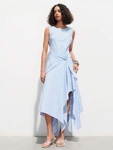 SHEIN Luminelle Đầm nữ mới, kẻ sọc, họa tiết, cổ tròn, không tay, thắt eo, kiểu dáng thanh lịch, thích hợp cho mùa xuân/hè. - Màu xanh lam - Xem 4