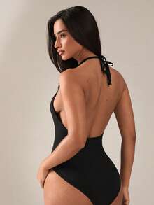SHEIN BAE Bộ áo liền quần thể thao nữ kiểu dáng thường ngày, cổ yếm, hở lưng. - màu đen - Xem 2