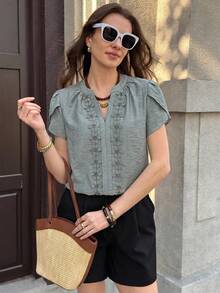 SHEIN Clasi Romantic Elegant Decorative Ribbon Notch Collar Blouse - Green - View 7