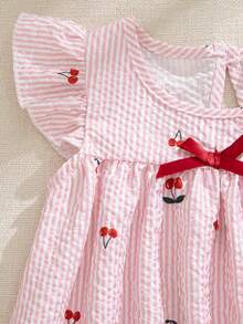 Souflis Souflis 法式新風女嬰幼兒 0-3 歲紅白條紋櫻桃印花荷葉袖洋裝，夏季可愛野餐度假出遊穿搭 - 粉色 - 查看 7