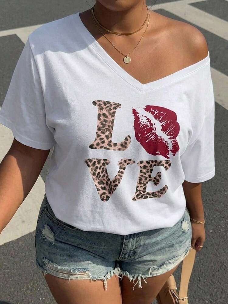 Dazy Plus Plus Size Women Loose Casual Leopard Print Beach T-Shirt, Suitable For Spring, Summer, Valentine's Day, Vacation