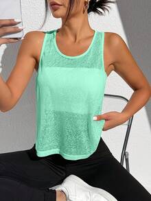 SHEIN Sports 女士纯色褶皱休闲百搭日常穿着及运动T恤 - 薄荷綠 - 查看 2