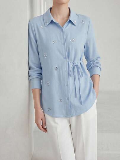 Heiryn New Arrival Luxury Rhinestone Decorated Elegant Tie-Waist Everyday Commute Blouse