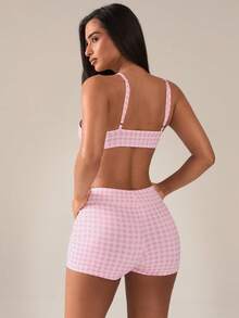 SHEIN BAE 女士格子吊带背心和短裤休闲运动套装 - 粉色 - 查看 2