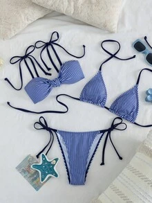 Swim Mod Conjunto de 3 piezas de bikini de estilo dulce con tirantes finos, estampado de rayas y escote descubierto en la espalda para mujer, ideal para playa y festivales de música en primavera y verano - Multicolor - Ver 5