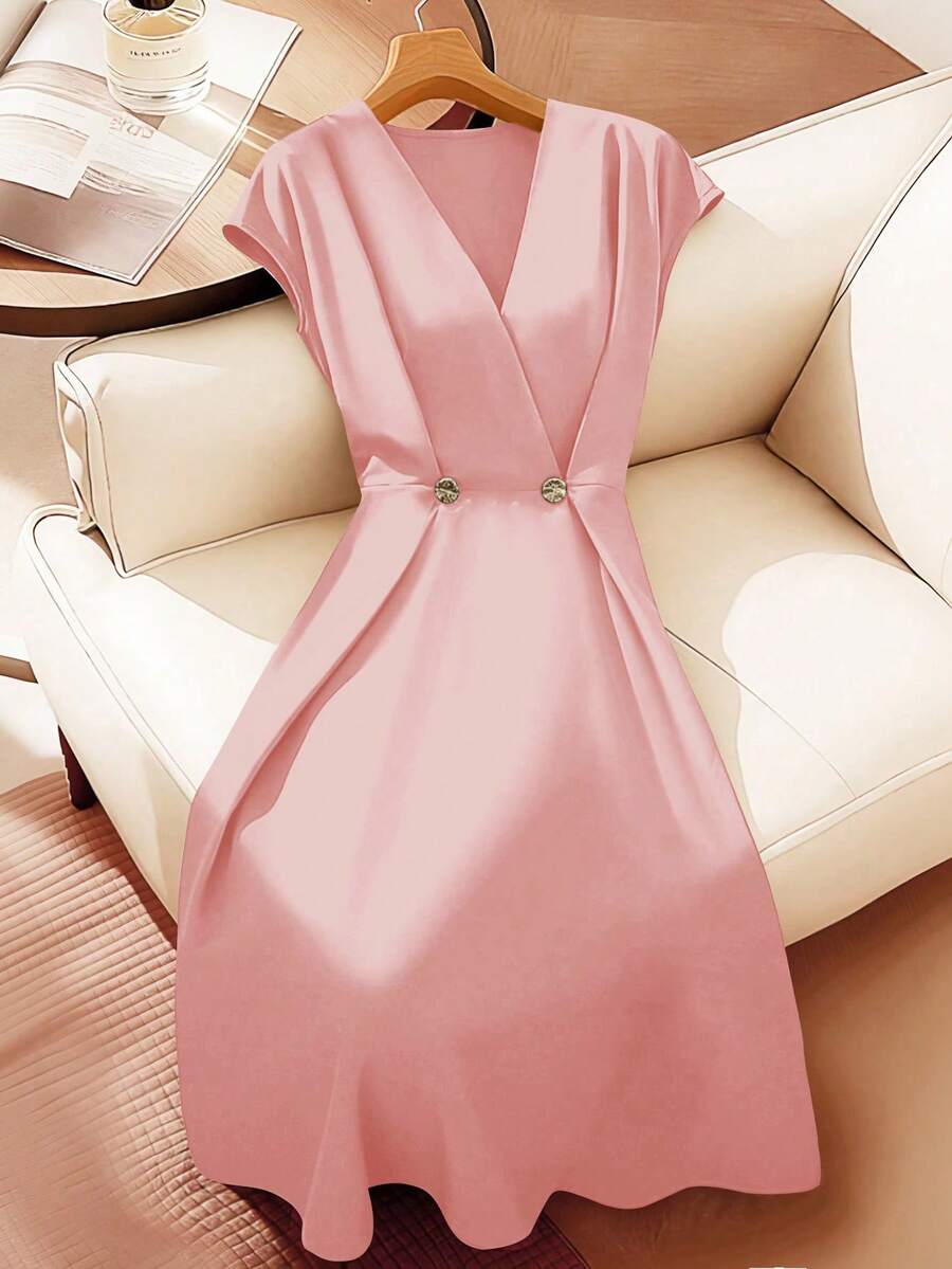 Franclia Elegant V-Neck Short Sleeve A-Line Midi Dress, Versatile For Commuting And Leisure, Green, Spring/Summer - Baby Pink - View 1