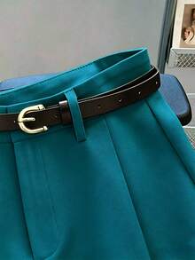 Franclia Casual & Commuting Fashion Versatile Mid-High Waist Belted Summer New Solid Color Khaki Shorts For Women - Hunter Green - View 3