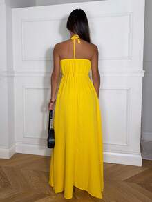 Ronhire 新款春夏休闲假日露背露肩胸围、腰围和后背摆裙，前部高开叉至大腿，黄色海条纹女式超长连衣裙-B - 黃色 - 查看 3