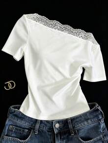 Mulvari French Lace Patchwork Cold-Shoulder Short Sleeve Sexy Cropped T-Shirt For Women - White - View 1