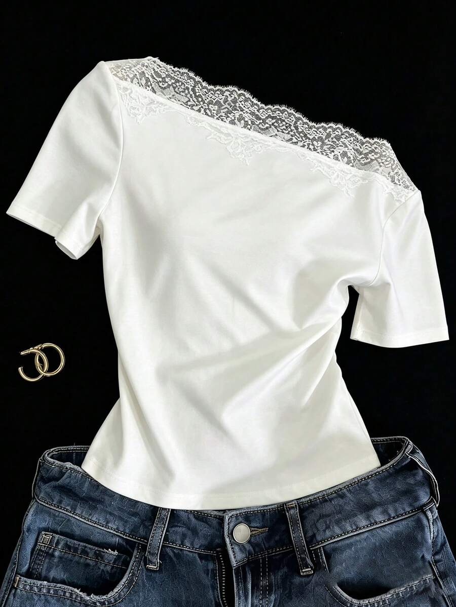 Mulvari French Lace Patchwork Cold-Shoulder Short Sleeve Sexy Cropped T-Shirt For Women - White - View 1