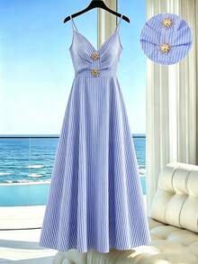 SHEIN PETITE Đầm dài nữ xuân/hè mới, Đầm dài nữ mùa hè, Trang phục nữ xuân/hè, Trang phục thường ngày nữ, Đầm dài tối giản thường ngày nữ, Đầm dài kẻ sọc xanh trắng thường ngày nữ, Đầm dài không tay kẻ sọc xanh trắng thường ngày nữ - Xanh và trắng - Xem 3