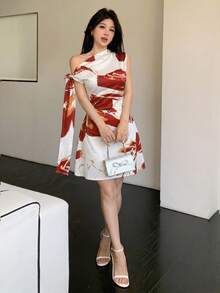 Celisse 女士水墨印花不对称肩带收腰修身简约连衣裙 - 彩色 - 查看 5