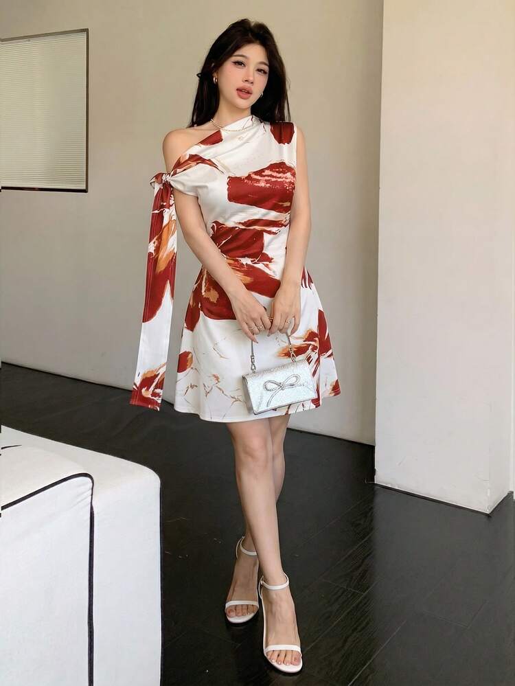 Vestido corto asimétrico con nudo en la cintura para mujer - Multicolor 4 - Añade 5