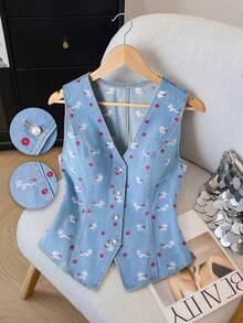GlowEve Áo khoác denim nữ cổ chữ V, họa tiết thêu hình học, kiểu dáng thường ngày, đa năng. - Màu xanh lam - Xem 1
